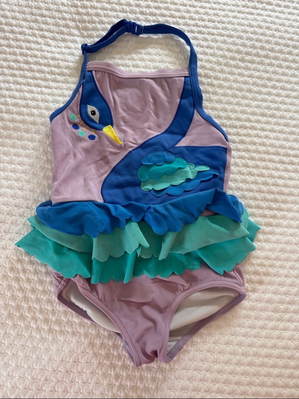 Mini Boden Girls Purple and Blue Peacock Ruffle One-Piece Swimsuit, size 5-6Y